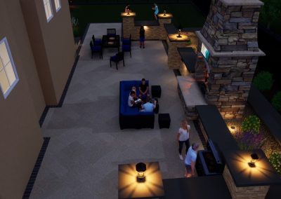 A nighttime patio scene in Aberdeen with people gathered around couches, a fireplace, and an outdoor kitchen area showcases stunning landscaping by Solid Brick Contracting.
