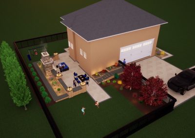 A backyard in Aberdeen, MD, featuring hardscaping with patio seating, a firepit, garden beds, and a driveway with two cars, all viewed from above.