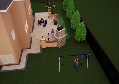 Backyard patio scene in Aberdeen with people gathered, an outdoor fireplace, dining area, and kids on a swing set—the perfect hardscaping project by Solid Brick Contracting.