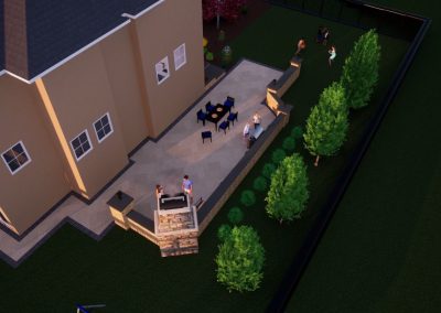 A backyard patio in Aberdeen, MD with people sitting and standing, surrounded by trees and a fence next to a house—crafted with care by Solid Brick Contracting.