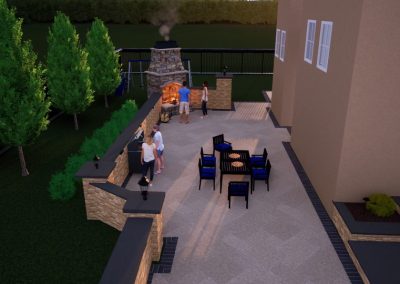 People gather on a patio with a fire pit, stylish hardscaping, outdoor seating, and a stone oven near trees and a house—an inviting space crafted by Solid Brick Contracting.