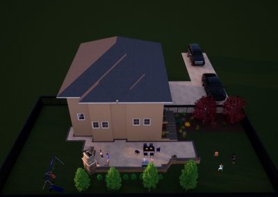 Aerial view of a house in Aberdeen with a backyard patio featuring expert hardscaping by Solid Brick Contracting, people, a playground, and two cars parked in the driveway.