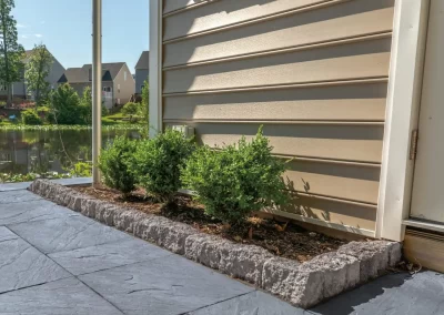 Three small bushes in a mulched garden bed with stone hardscaping, beside a tan house and stone patio in Aberdeen, MD.