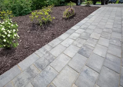 Paved stone walkway is a perfect example of hardscaping, set next to a mulched garden bed with green shrubs and flowering plants for expert landscaping in MD.