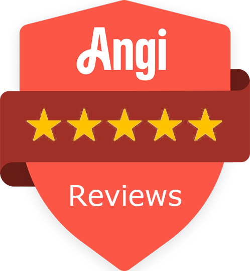 Angi 5 Star Logo Red badge with "Angi" at top, five gold stars in center, and "Reviews" written at the bottom.