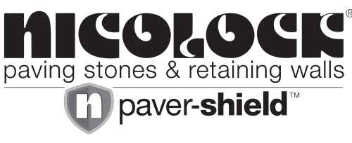 Nicolock logo with text: "paving stones & retaining walls" and "n paver-shield" with a shield icon.
